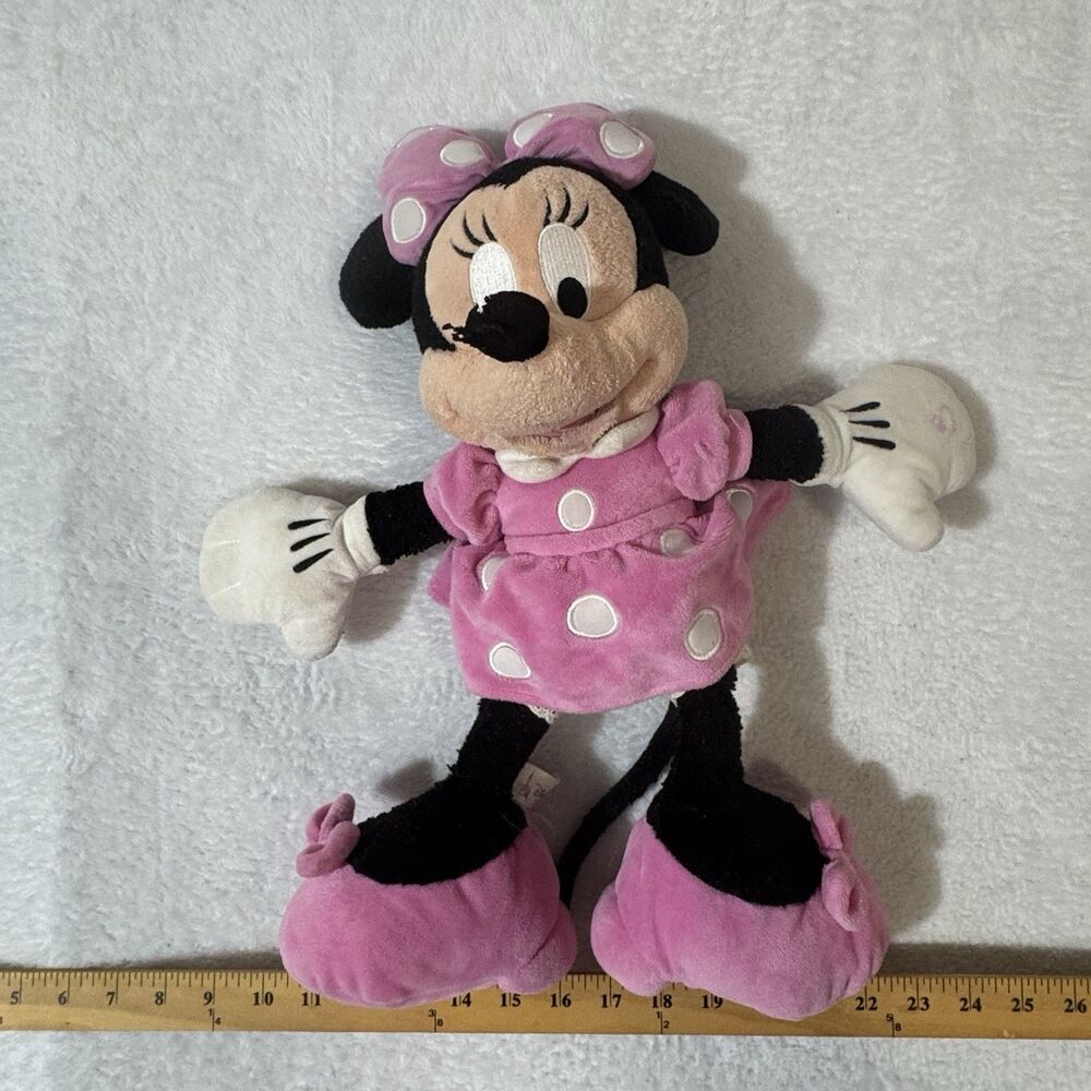 Disney Parks Minnie Mouse Plush 18” Pink Polka Dot Dress Bow Theme Park Used